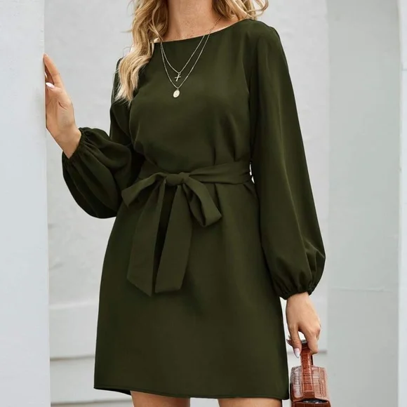Classic lantern long sleeve belted mini Dress - Picture 7 of 15